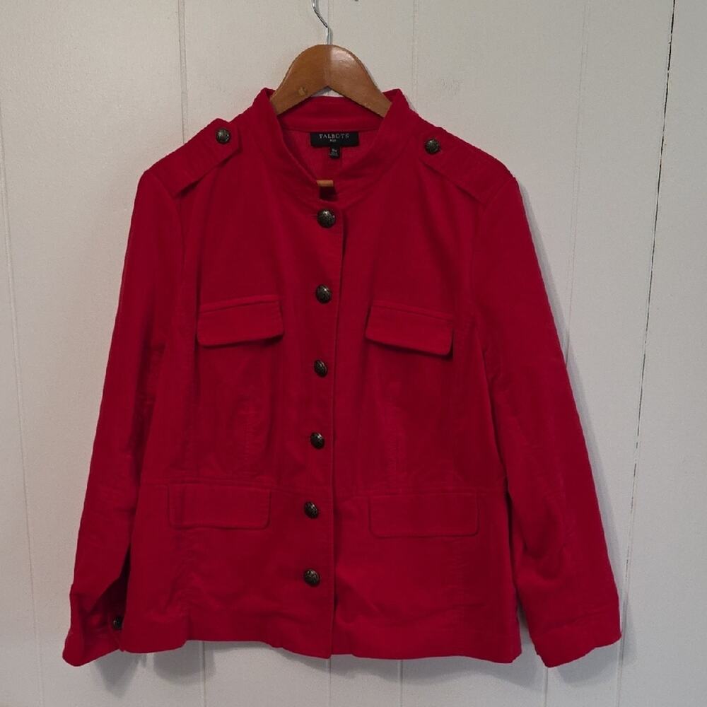 Talbots Plus Red Velvet Band Military Jacket Blazer Womens 16W Business Wear EUC